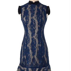 Aijek Sleeveless Lace Dress in Navy with Nude lining. High neck. Leeveless. Blue